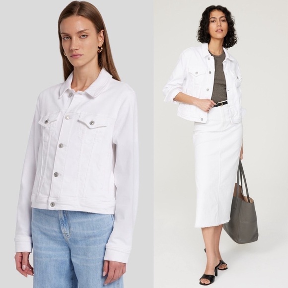 7 FOR ALL MANKIND 90s Luxe Ivory Stretch Denim Cropped Jean Trucker Jacket L - Picture 5 of 15